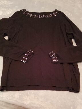 Cato Black Crewneck Sweater with Sequin & Bead Trim